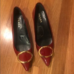 Prada—Red Patent Leather Flats w/ Gold Accents, Sz 8